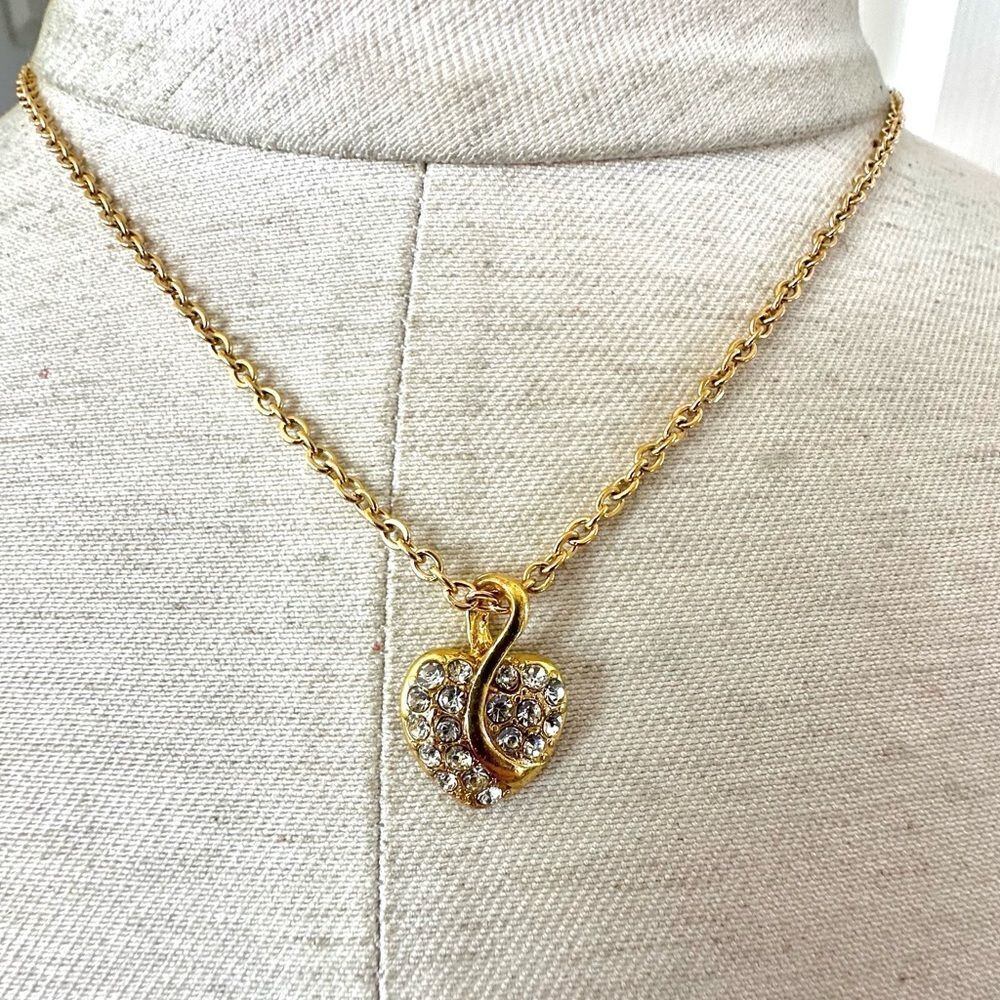 Gold tone rhinestone heart pendant necklace